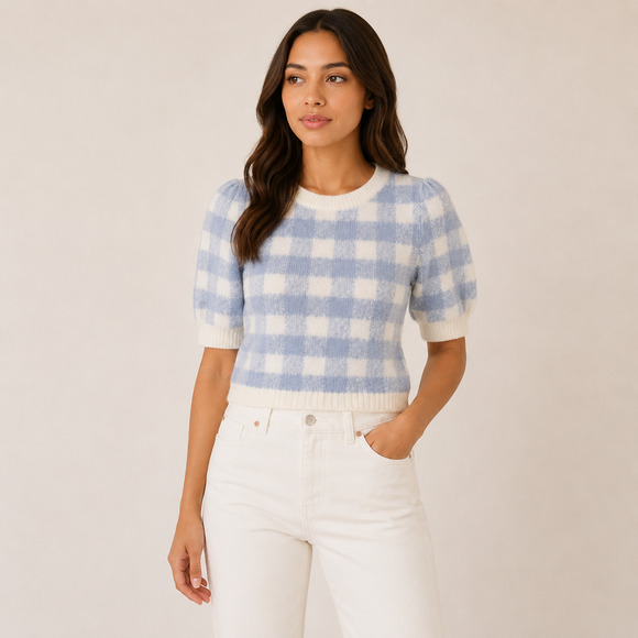 Anthropologie Sweaters - Anthropologie Maeve The Harmon Puff Sleeve Sweater Tee Blue Gingham XSP